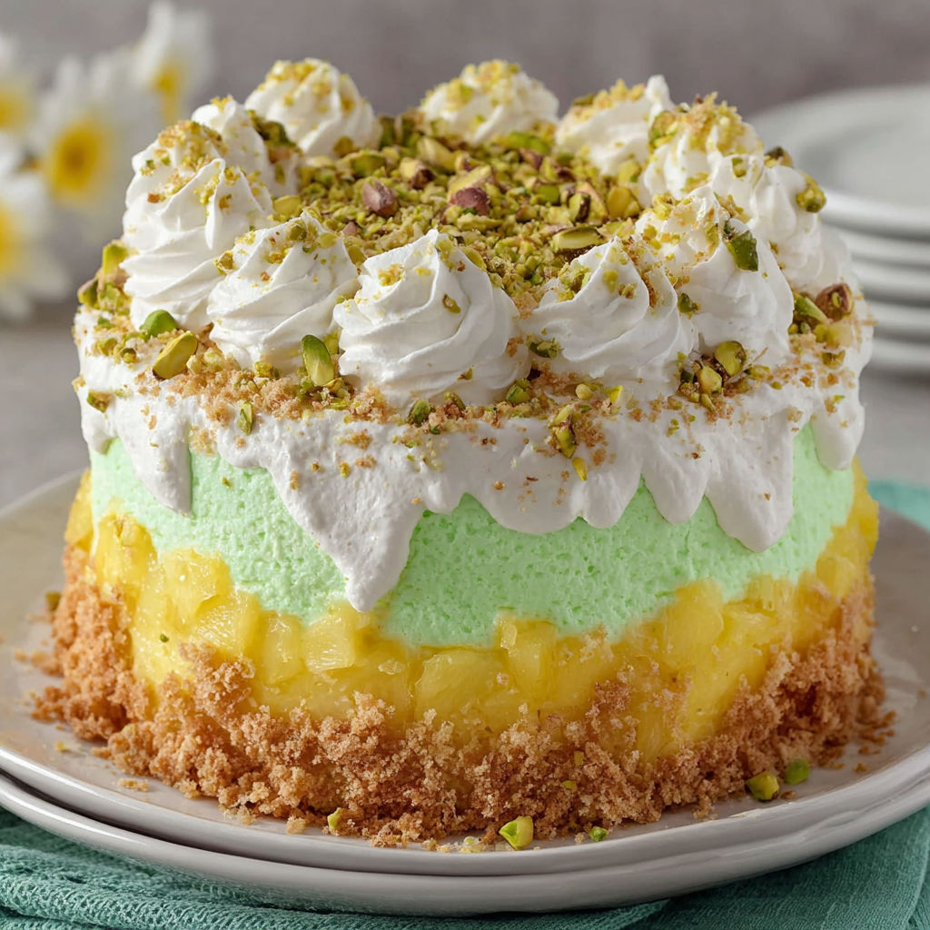A slice of tropical pistachio cake on a plate.