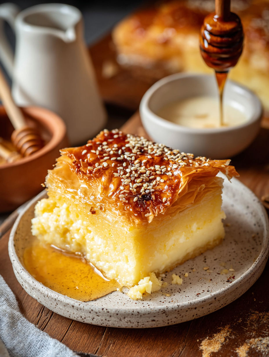 A slice of cake with a dollop of honey on top.