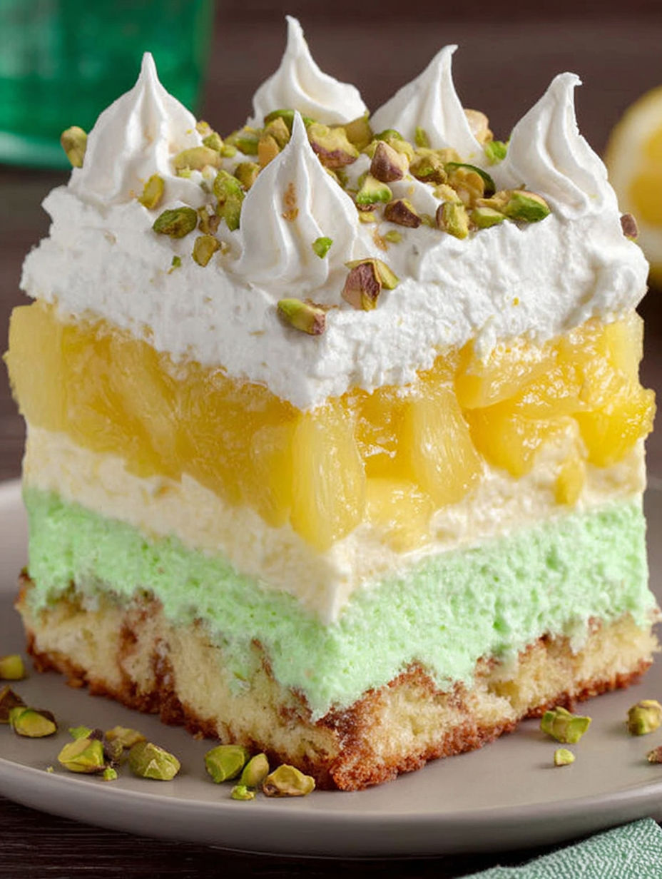 A slice of tropical pistachio cake on a plate.
