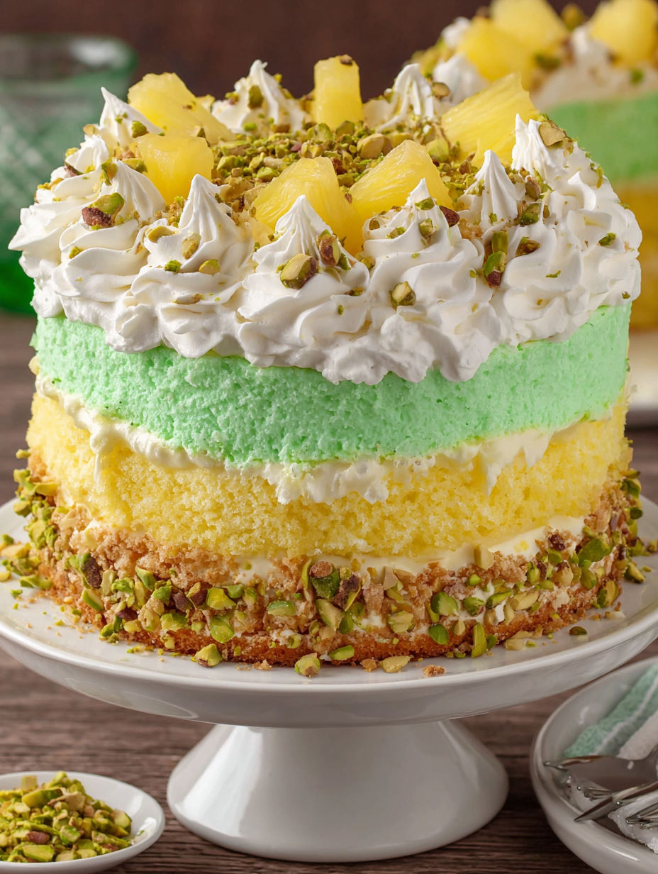 A multi-layered cake with white frosting and pistachio nuts.