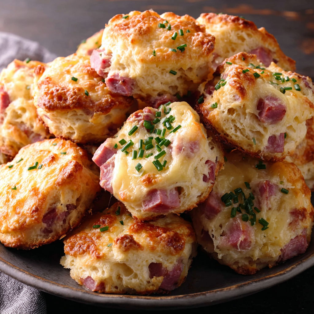 A plate of biscuits with ham and cheese.