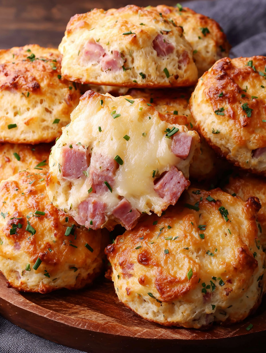 A stack of biscuits with ham and cheese.