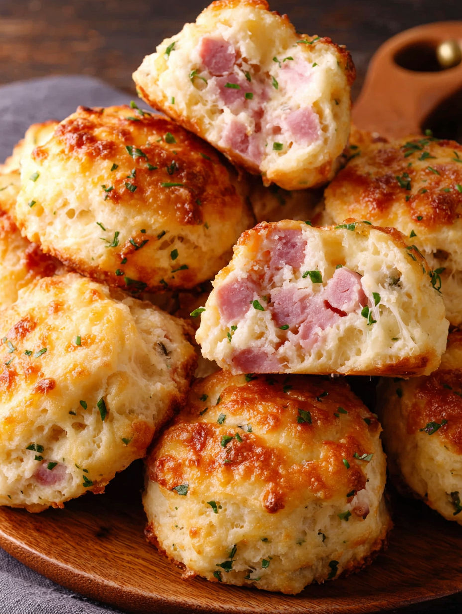 A plate of biscuits with ham and cheese.