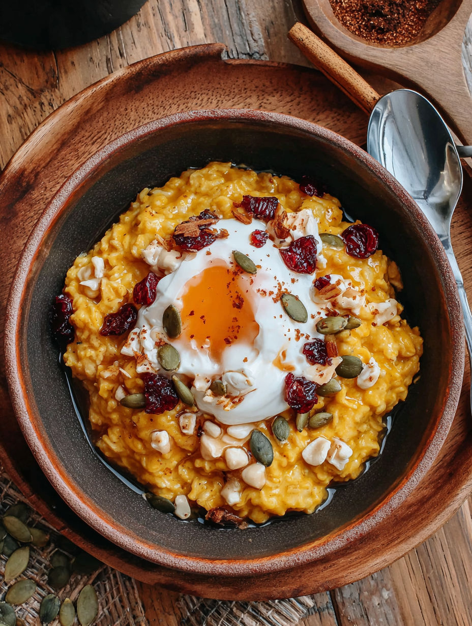 A bowl of oatmeal with a fried egg on top.