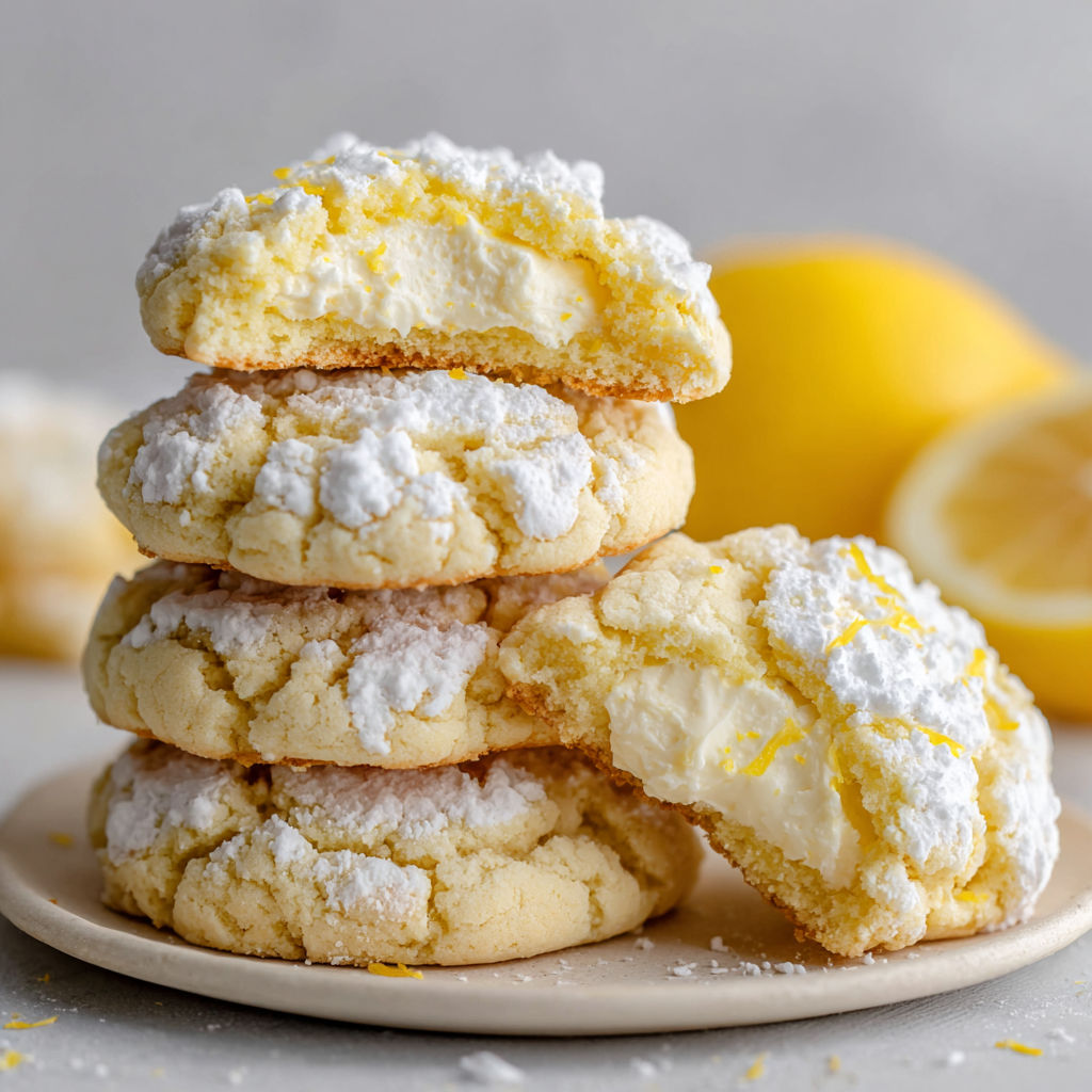 A stack of four cheesecake cookies with white icing and lemon zest.