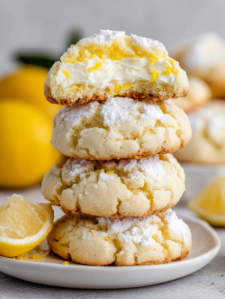 Three stacked cookies with white powdered sugar and lemon flavor.