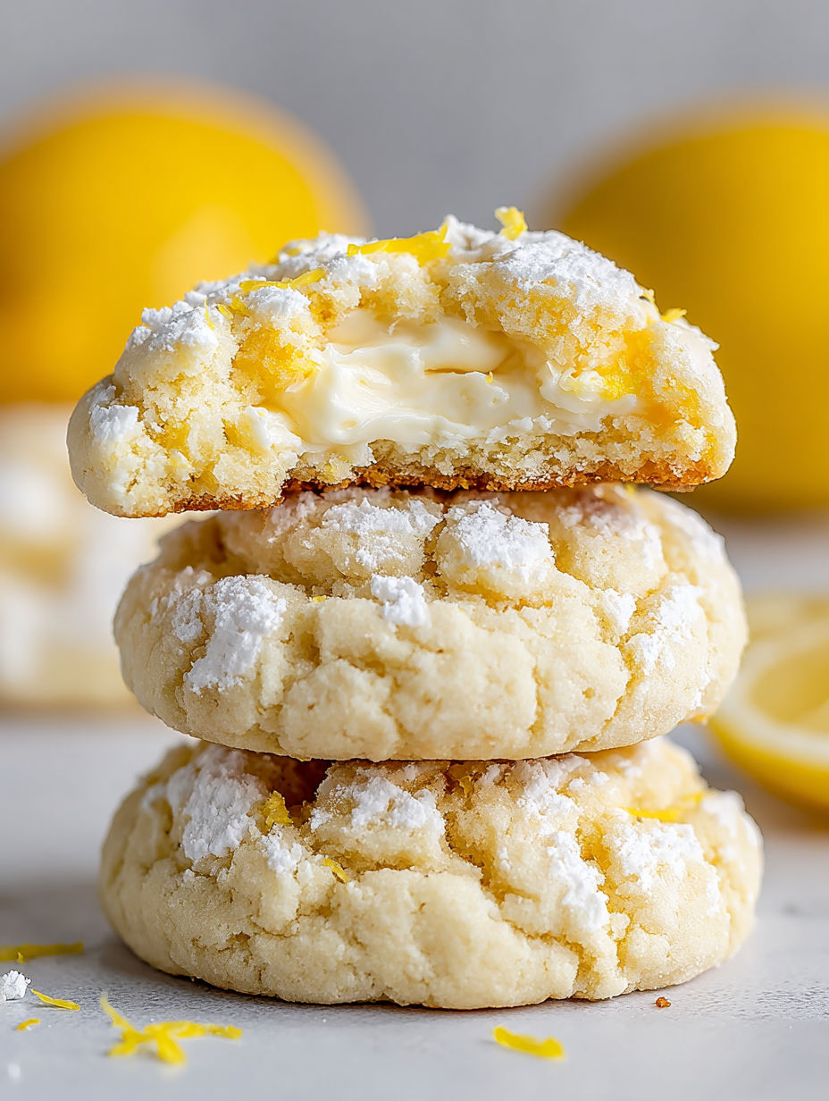 A stack of three cheesecake cookies with lemon on top.