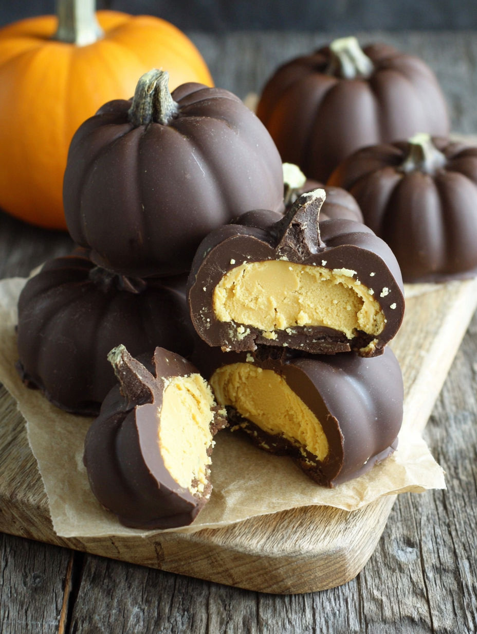 Chocolate peanut butter pumpkins on a table.