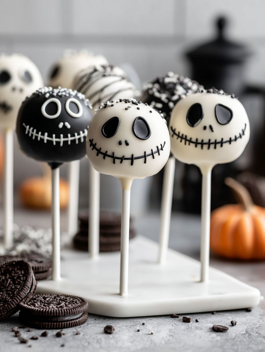 Jack Skellington Oreo Pops on a white plate.
