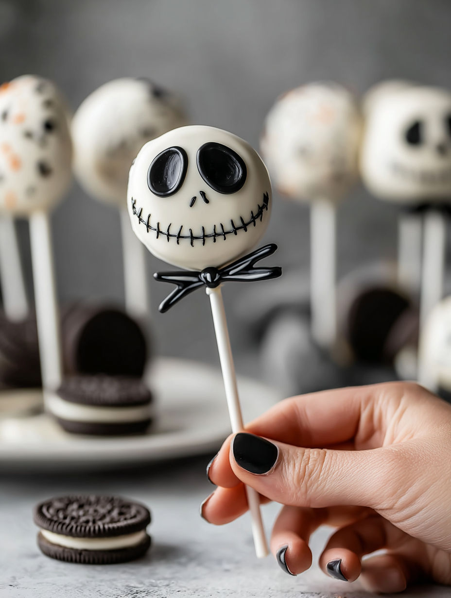 A person holding a Jack Skellington Oreo pop.