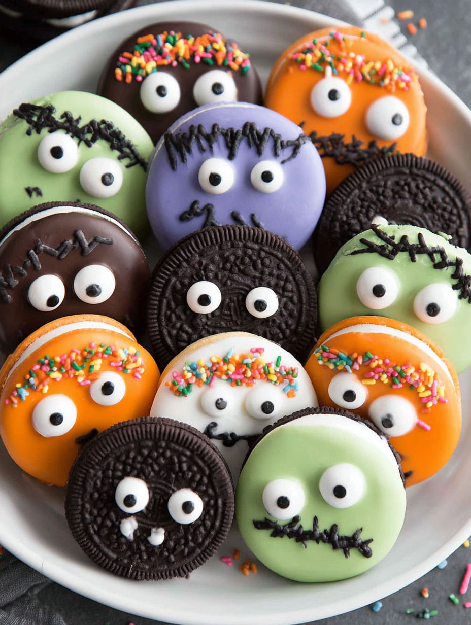 A plate of Halloween cookies with faces on them.
