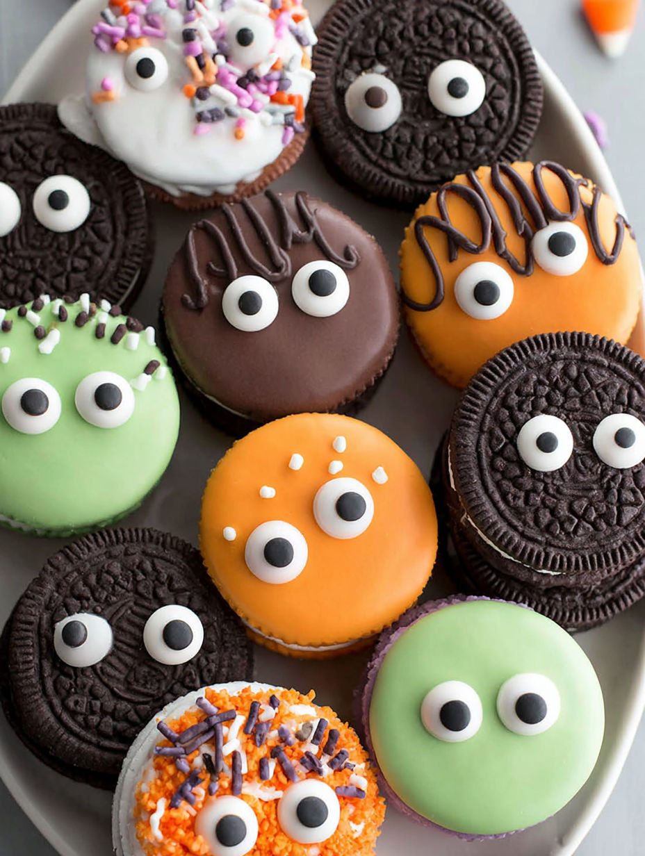 A plate of Halloween cookies with faces on them.
