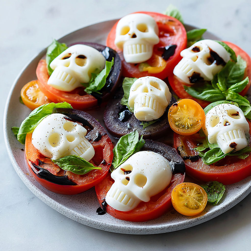 A plate of food with tomatoes and mozzarella cheese shaped like skulls.