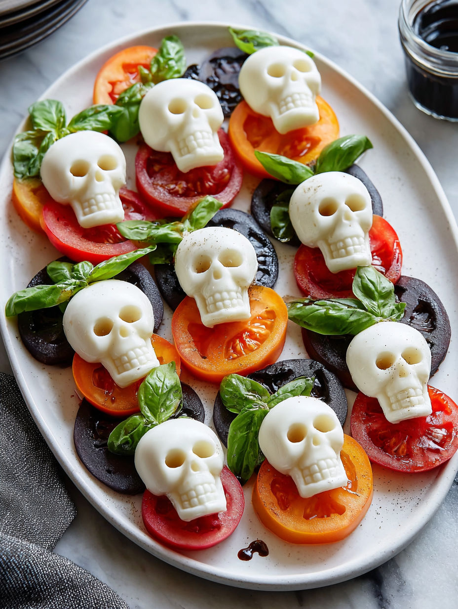 A plate of food with a skull on top.