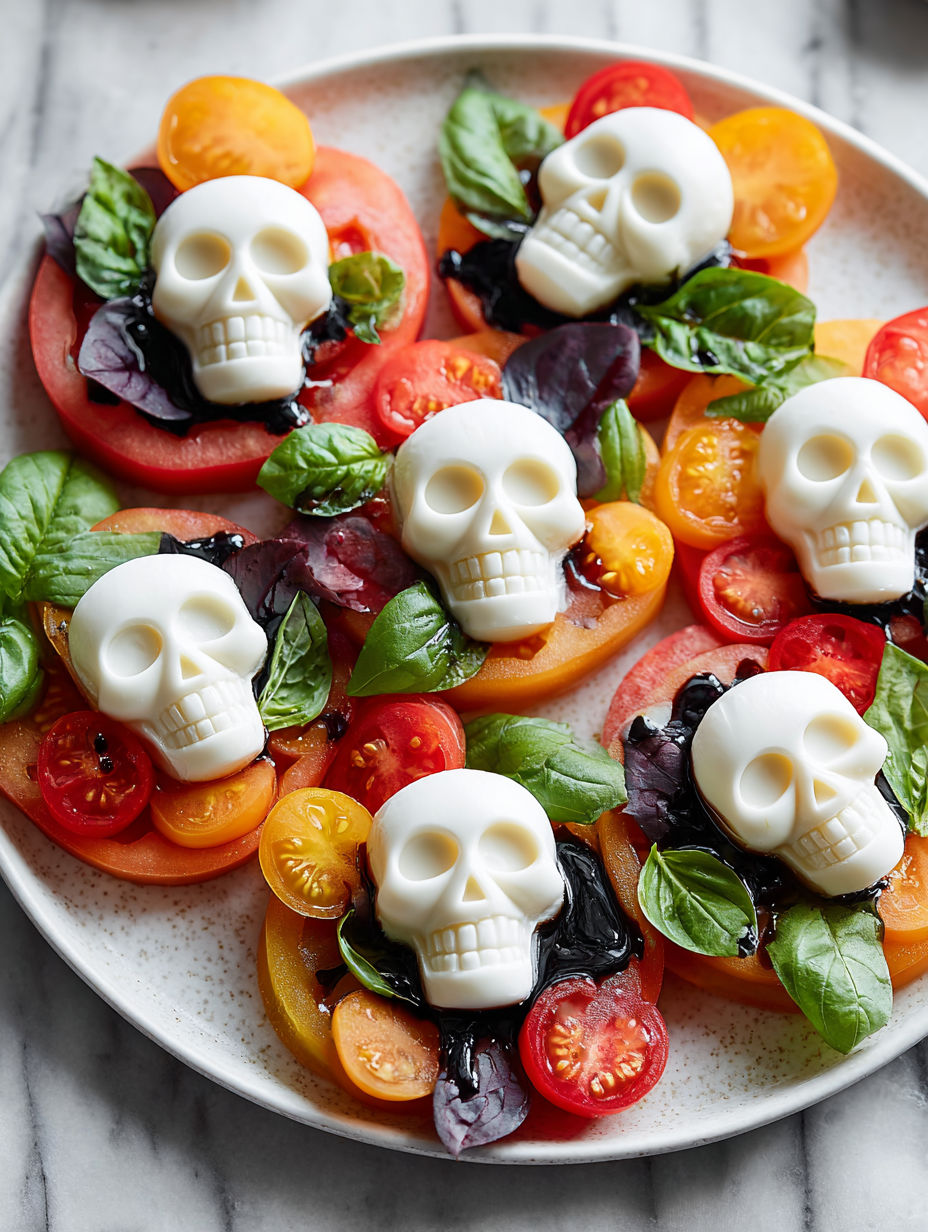 A plate of Caprese salad with mozzarella skulls.