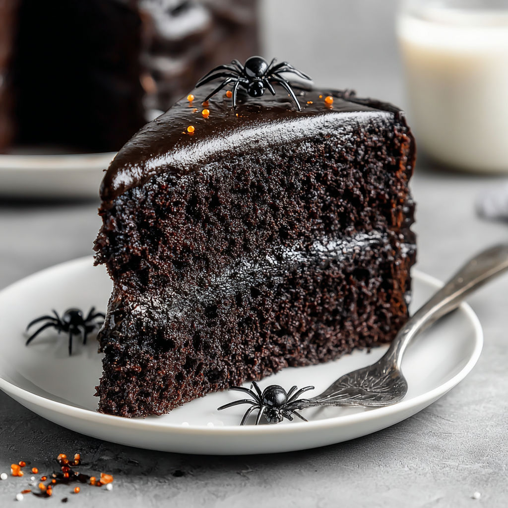 A slice of black velvet cake with orange decorations.