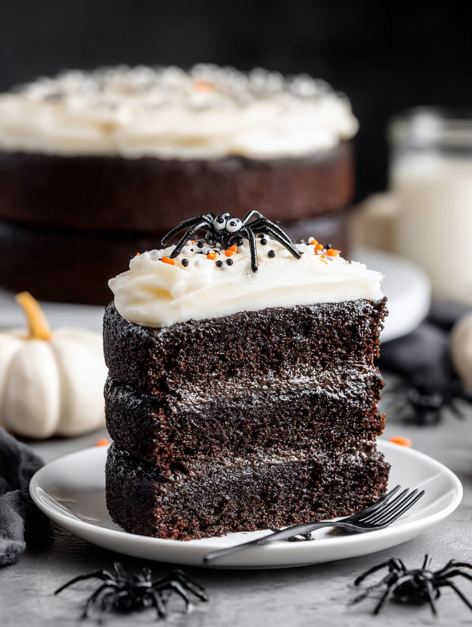 A slice of chocolate cake with a spider web decoration on top.