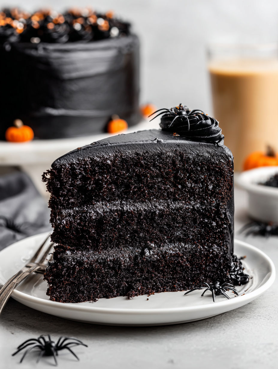A slice of chocolate cake with a spider on top.