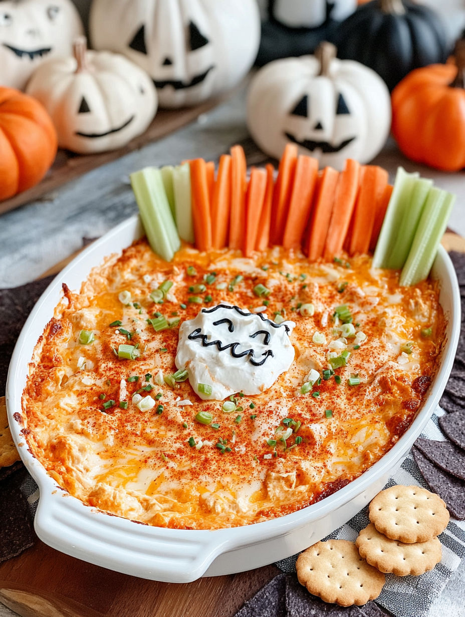 A Halloween appetizer with a spooky face made from carrots and celery.