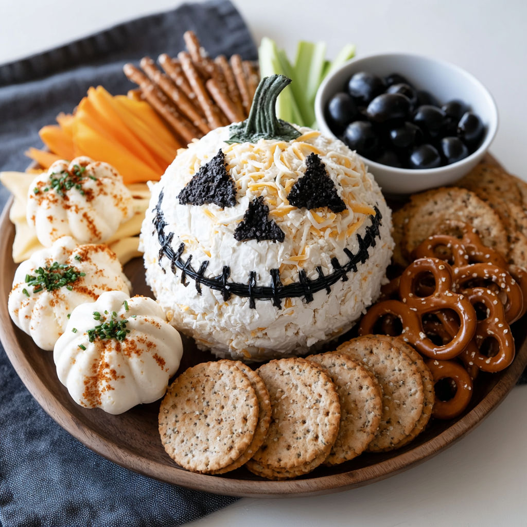A Halloween appetizer with a cheese ball and crackers.