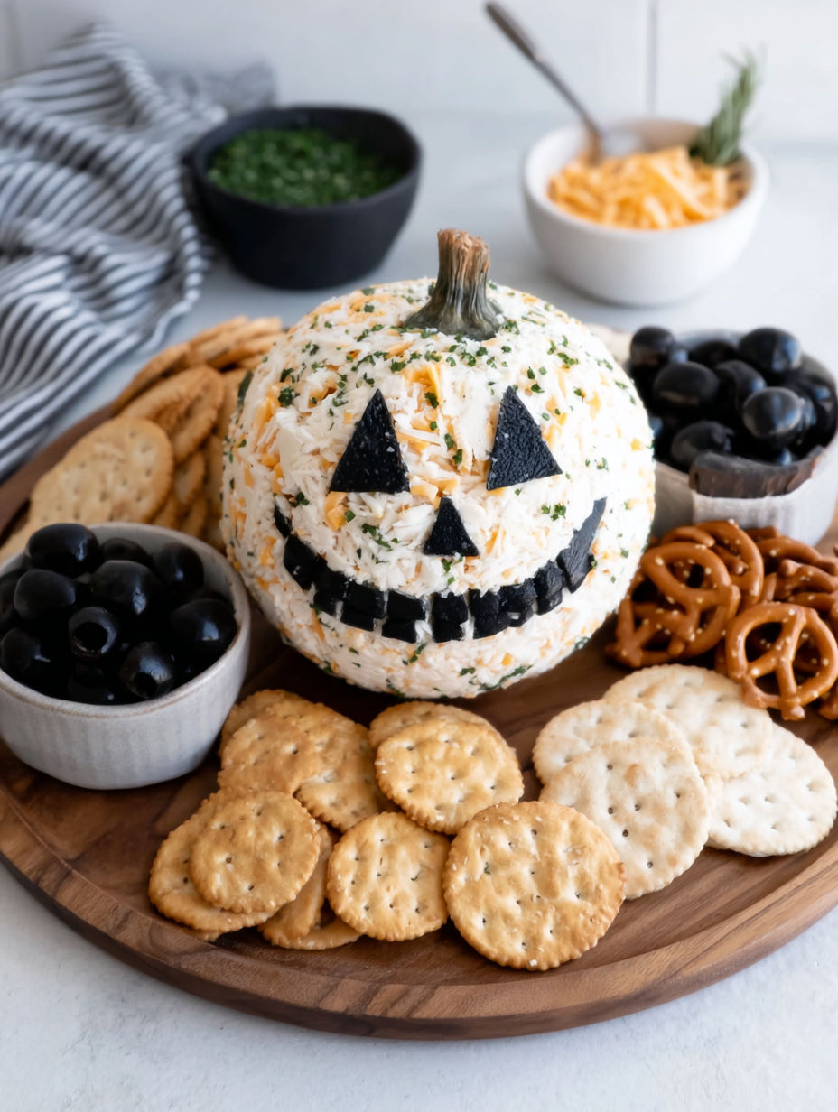 A cheese and black olive pumpkin is displayed on a table with crackers and cheese.
