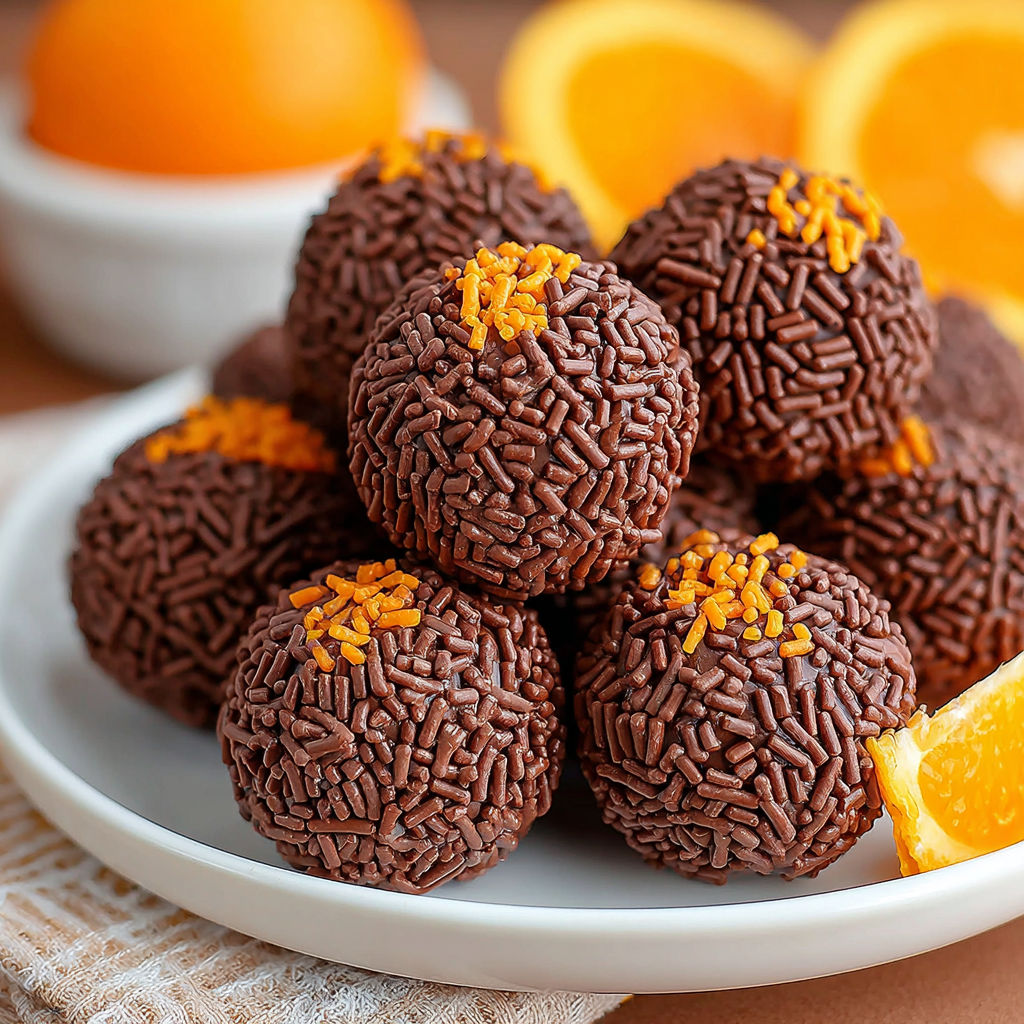 A plate of chocolate truffles with orange slices.