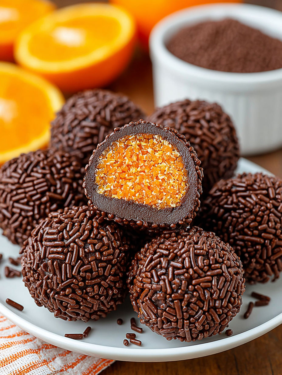 A plate of chocolate truffles with orange slices in the background.