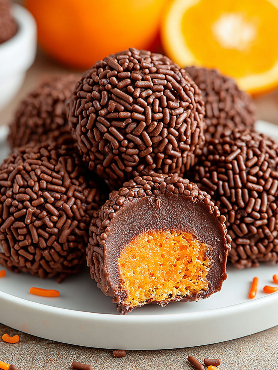 Chocolate truffles with orange slices on a plate.