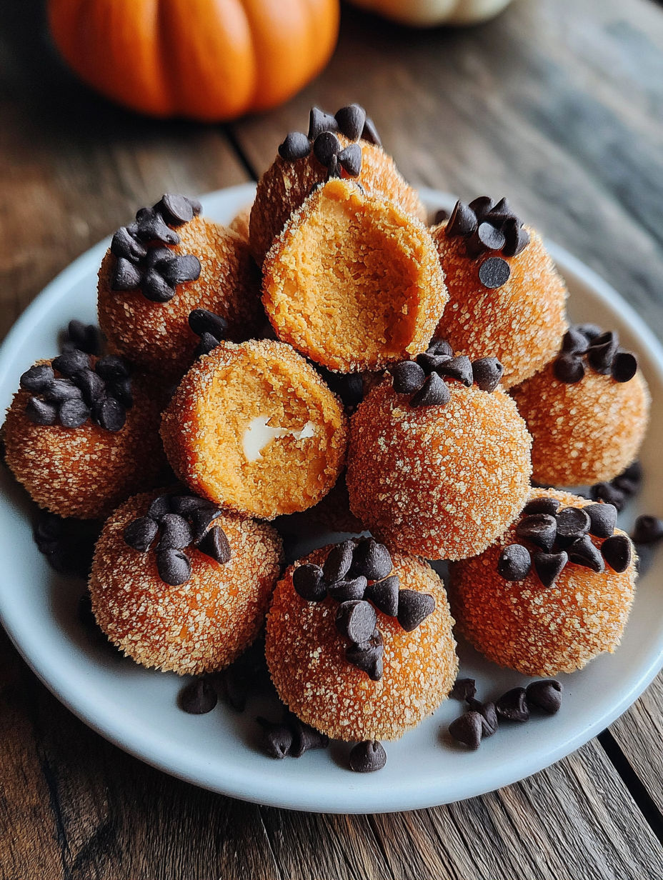 A plate of pumpkin bites with chocolate chips.