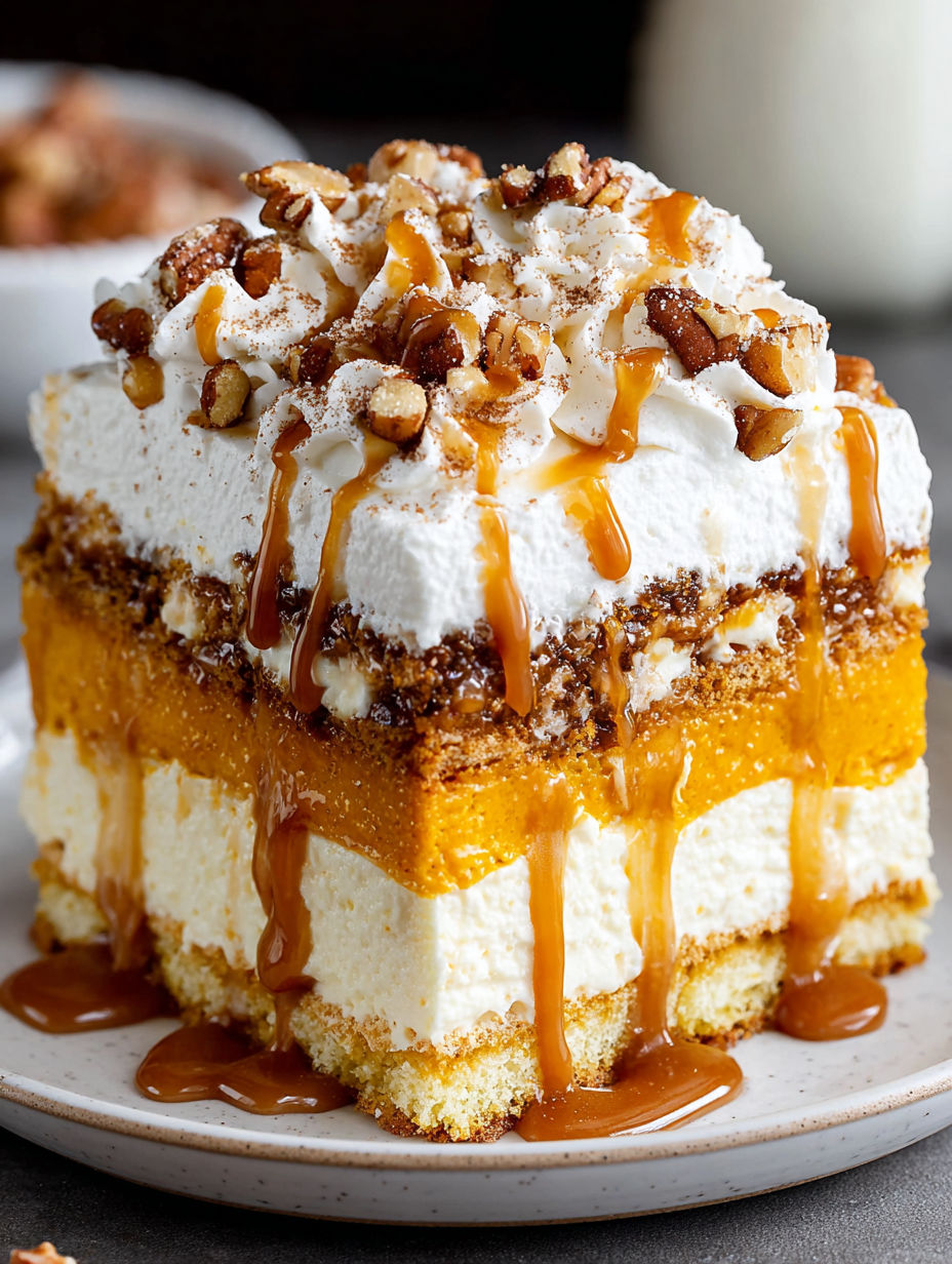 A slice of pumpkin cake with caramel drizzle.