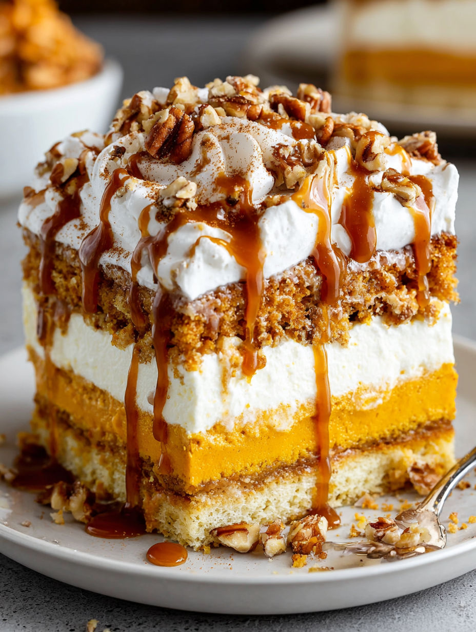 A slice of pumpkin cake with caramel drizzle.