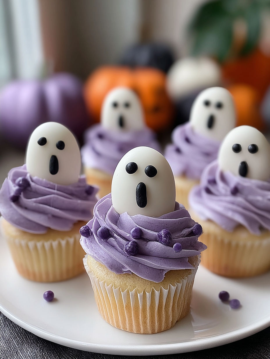 A plate of cupcakes with purple frosting and white faces.