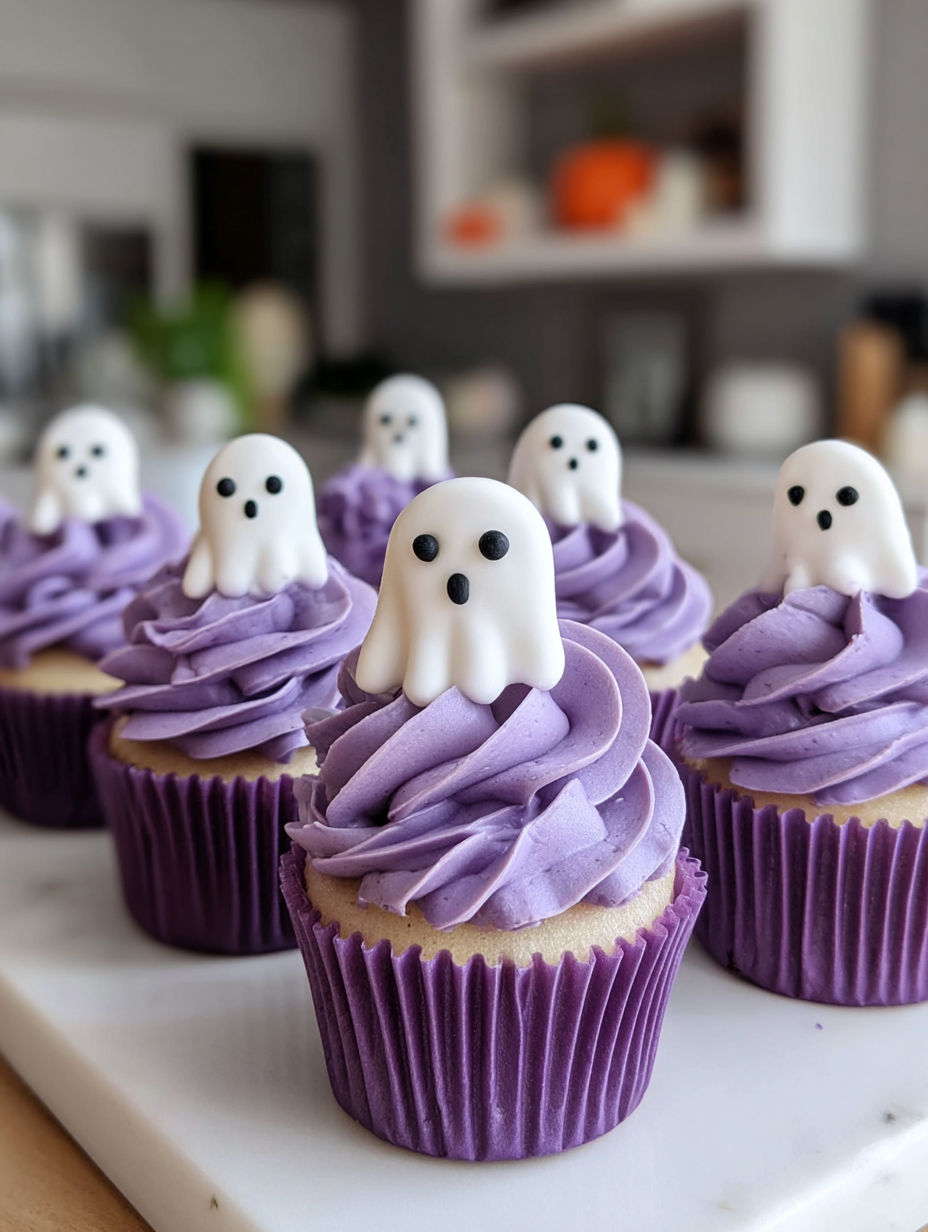 A table with 6 cupcakes with purple frosting and white ghost decorations.