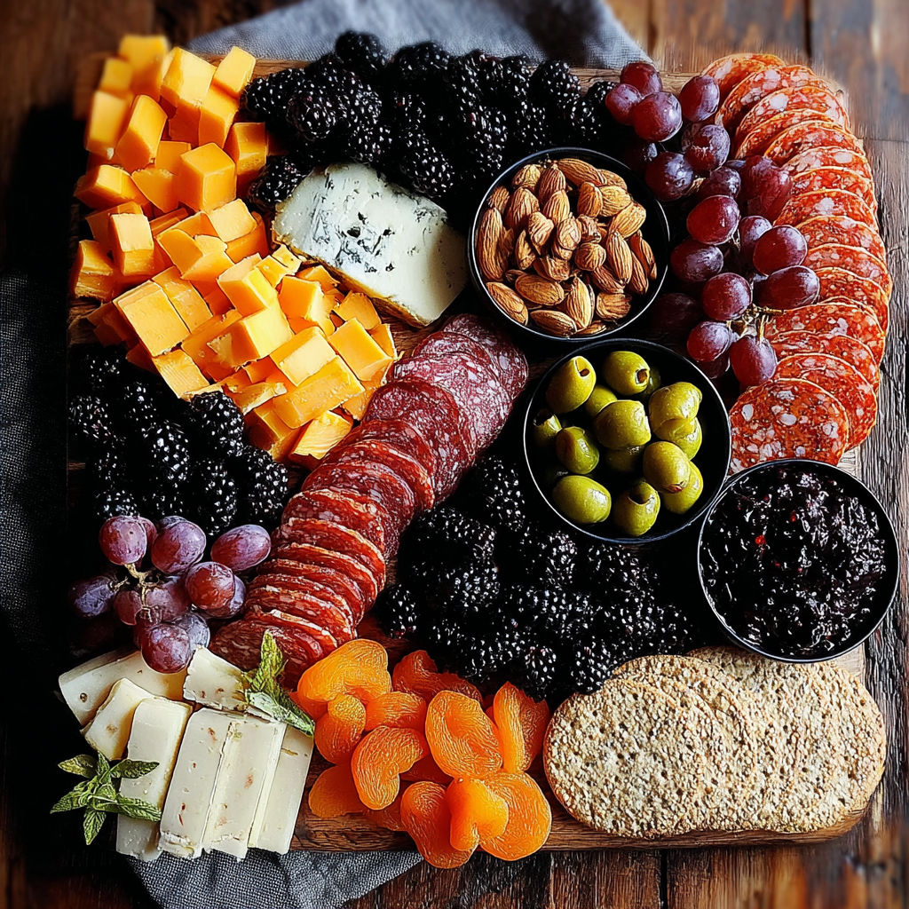 A variety of cheeses and meats are arranged on a wooden platter for a Halloween appetizer.