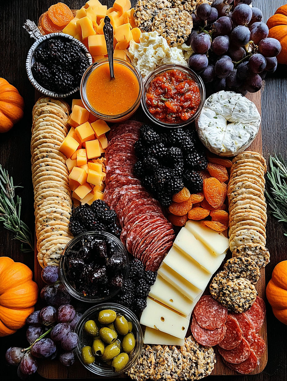 A table full of food including cheese, crackers, and fruit.