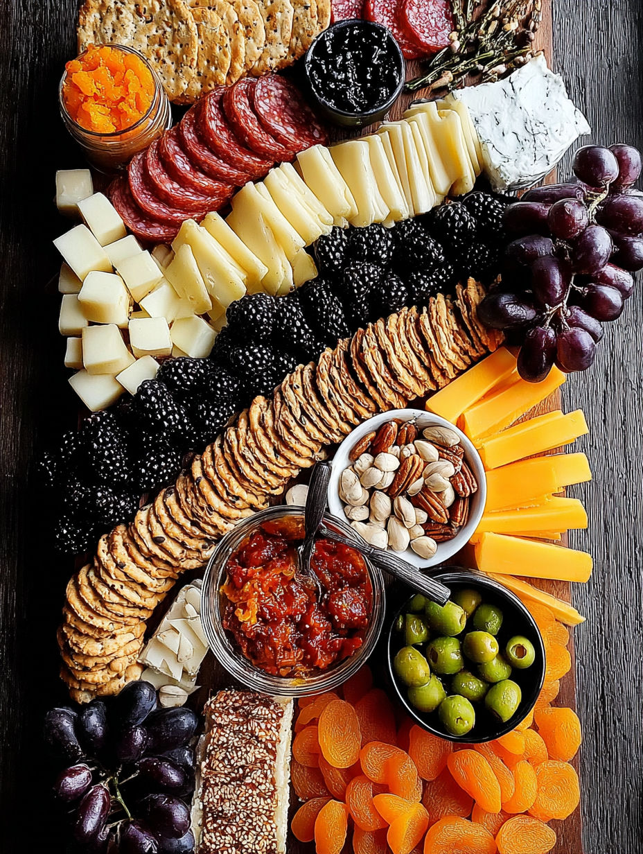 A variety of foods are displayed on a table, including cheese, crackers, grapes, olives, and nuts.