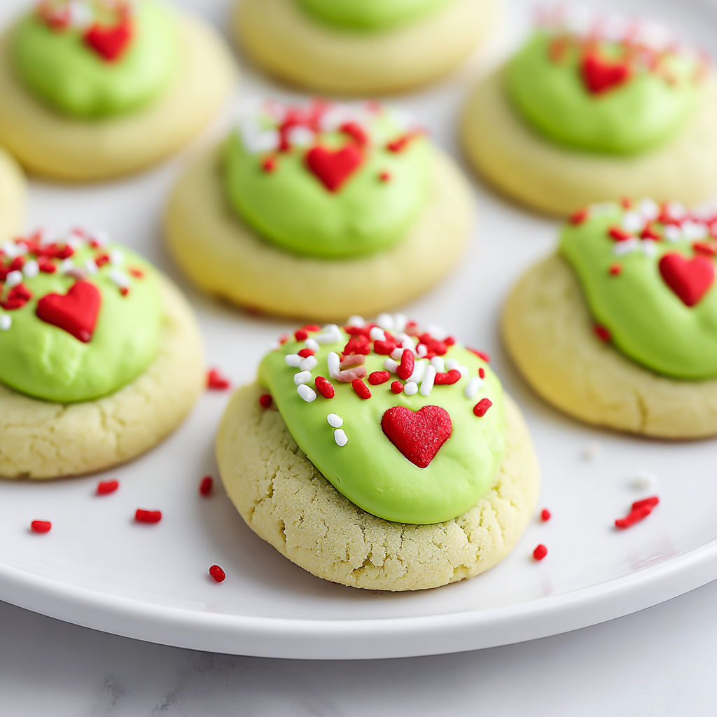 A plate of green cookies with red hearts on top.