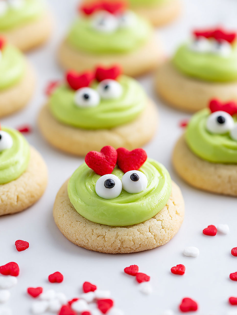 Green Grinch cookies with red hearts.