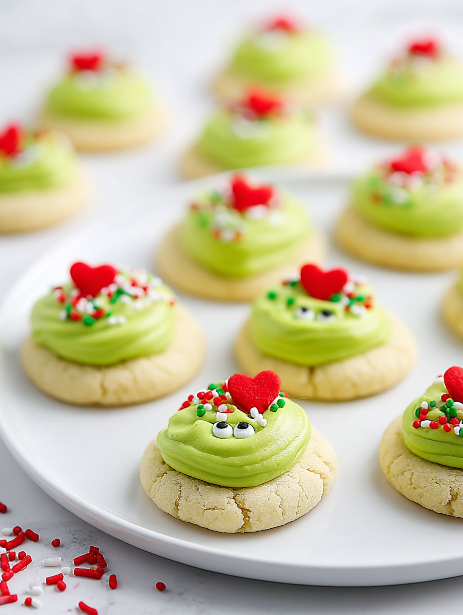A plate of green cookies with hearts on them.