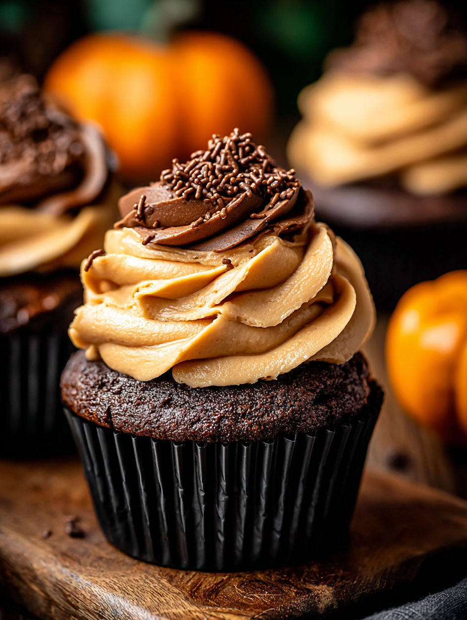 A chocolate cupcake with a pumpkin frosting.