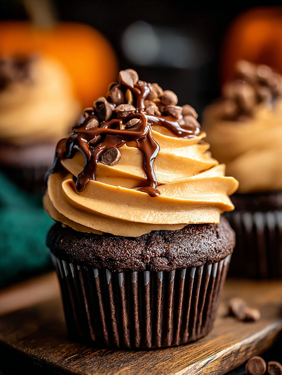 A chocolate pumpkin cupcake with chocolate drizzle.