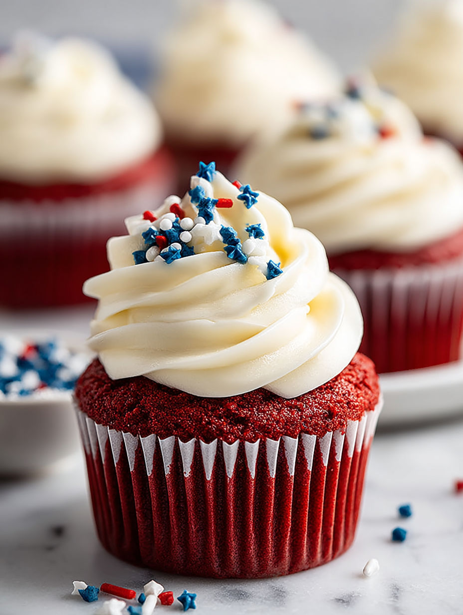 A cupcake with white frosting and red velvet.