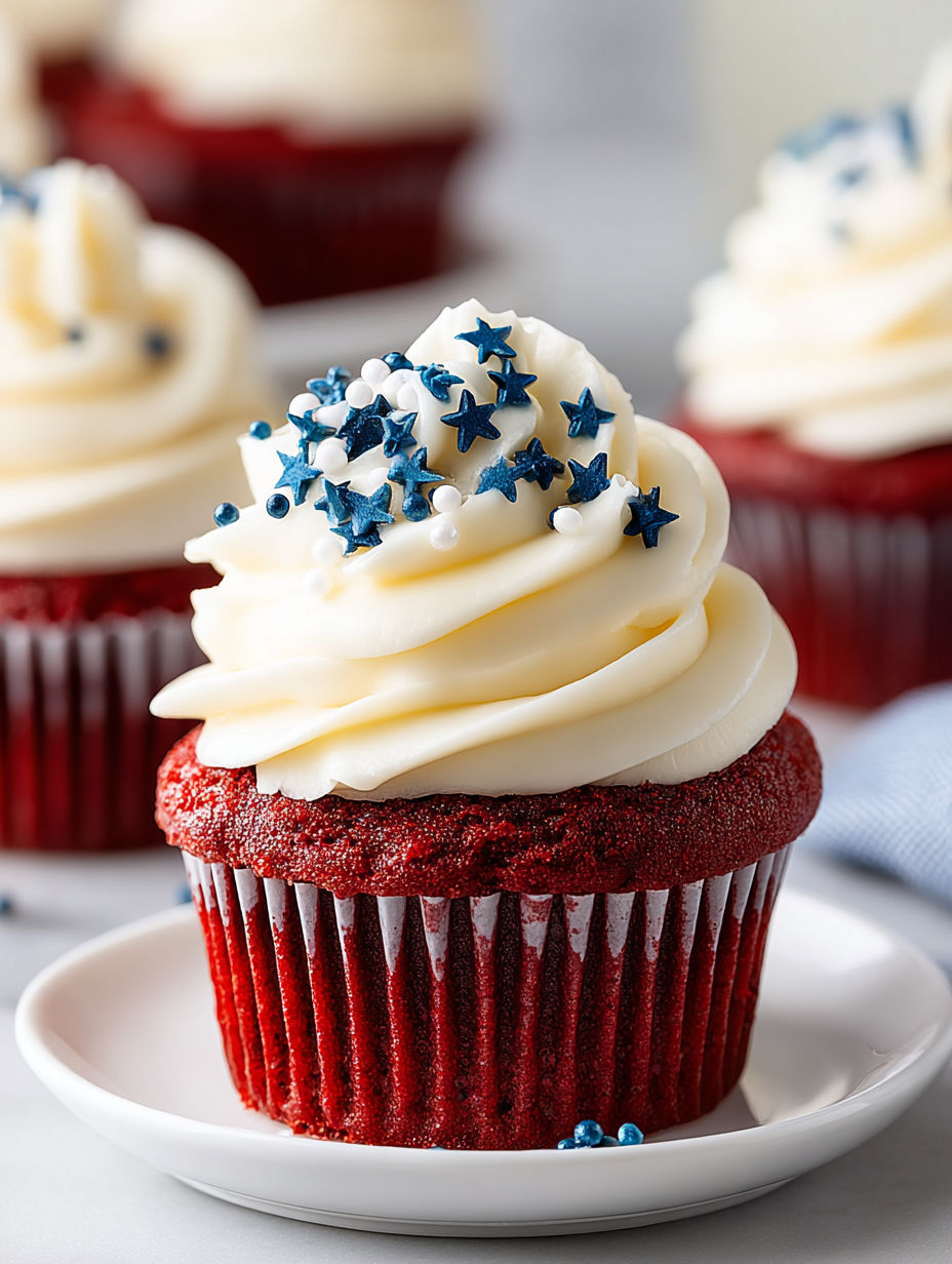 Red velvet cupcake with white frosting and blue stars.