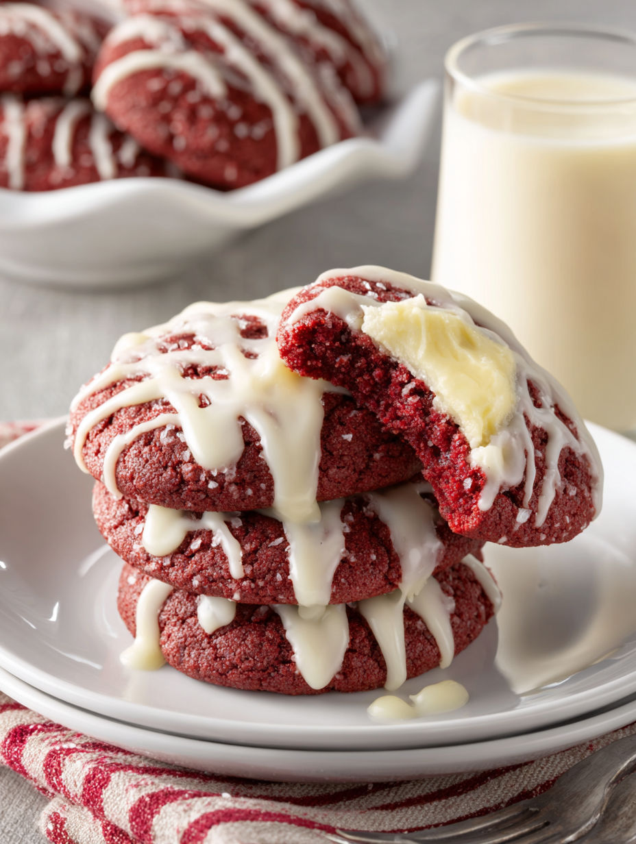 Red cookies with white cream cheese glaze.