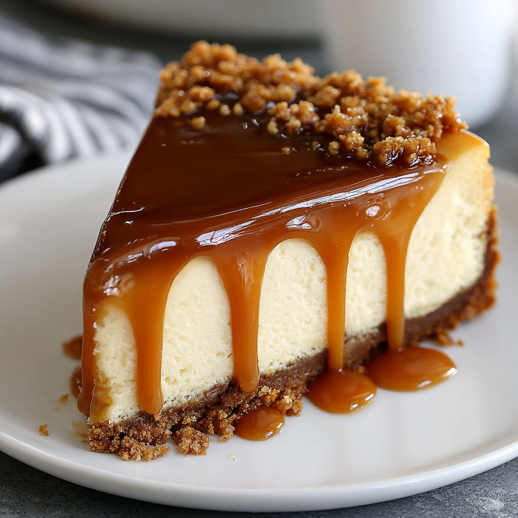 A slice of caramel cheesecake on a plate.