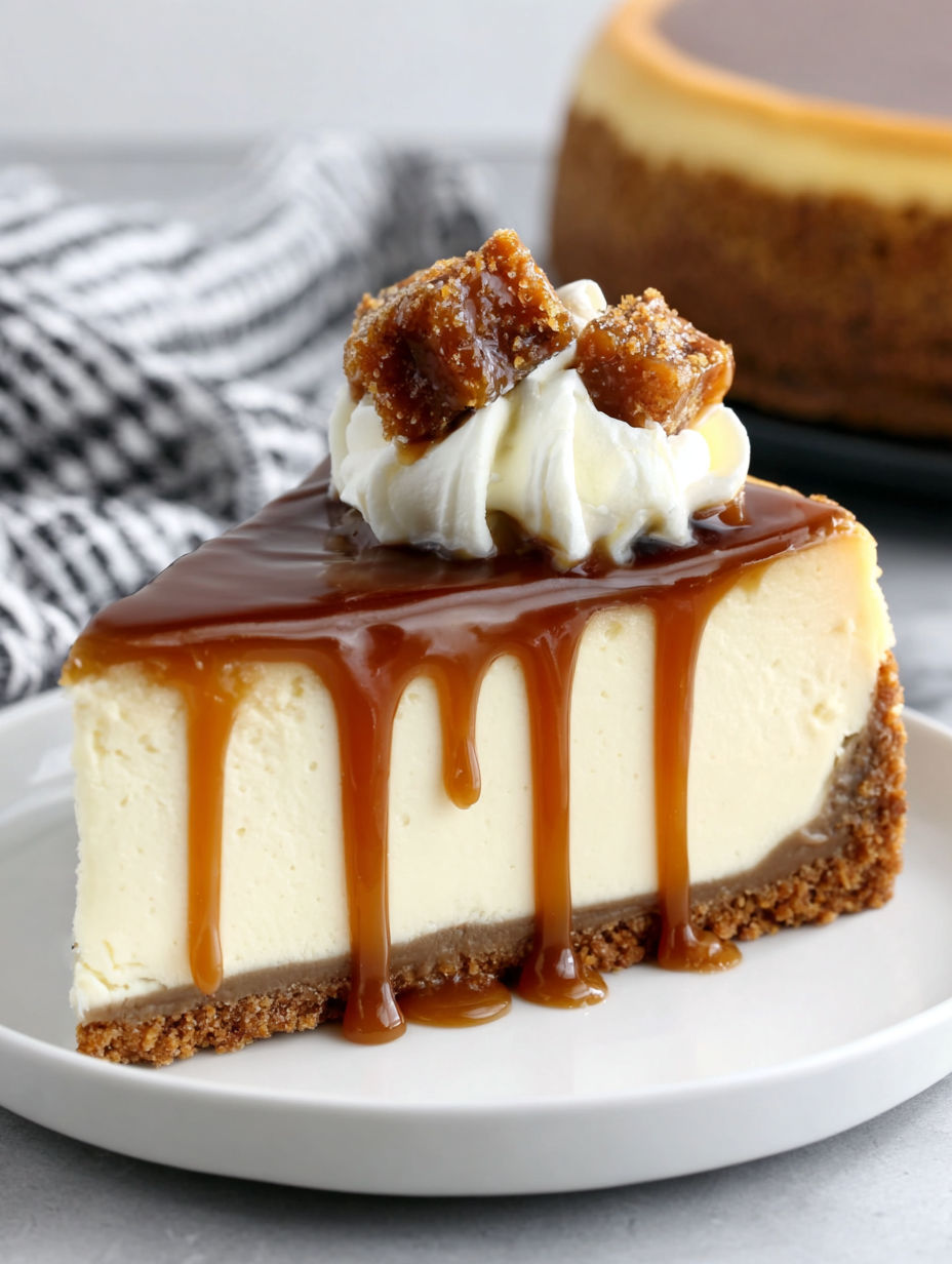 A slice of caramel cheesecake on a plate.