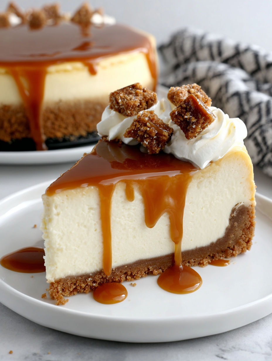 A slice of caramel cheesecake on a plate.