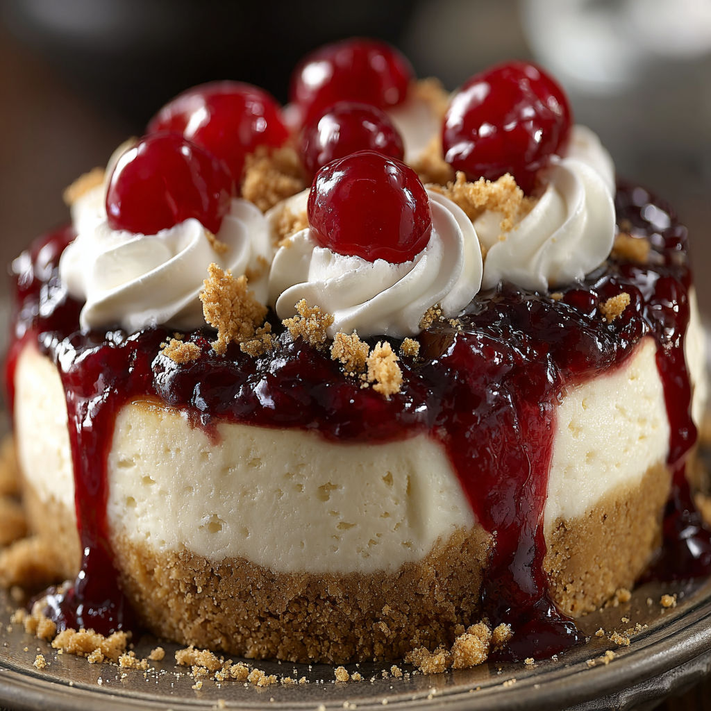 A slice of cherry cheesecake with whipped cream on top.