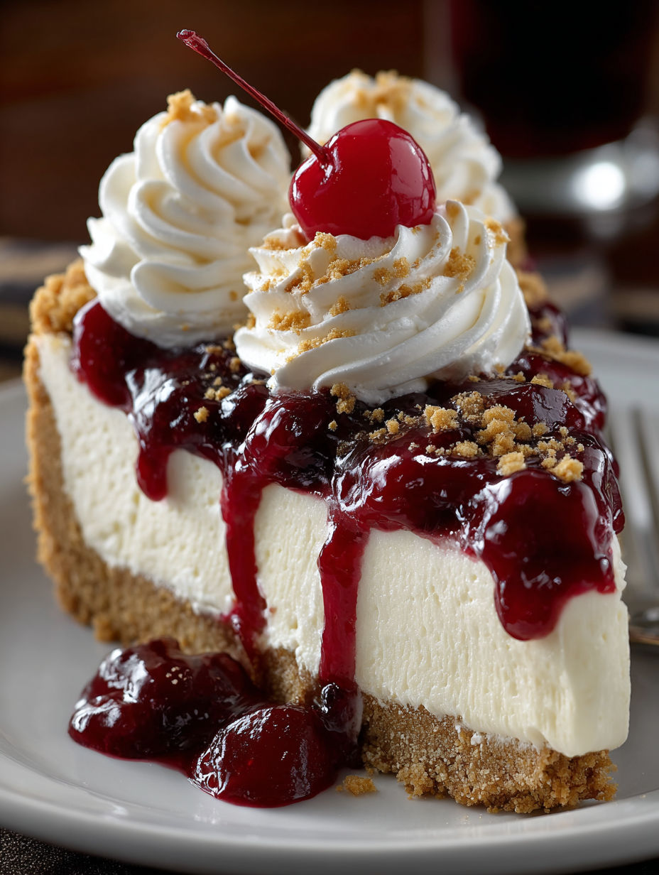 A slice of cherry cheesecake with whipped cream.
