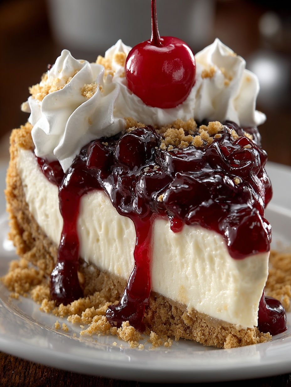 A slice of cherry cheesecake on a plate.